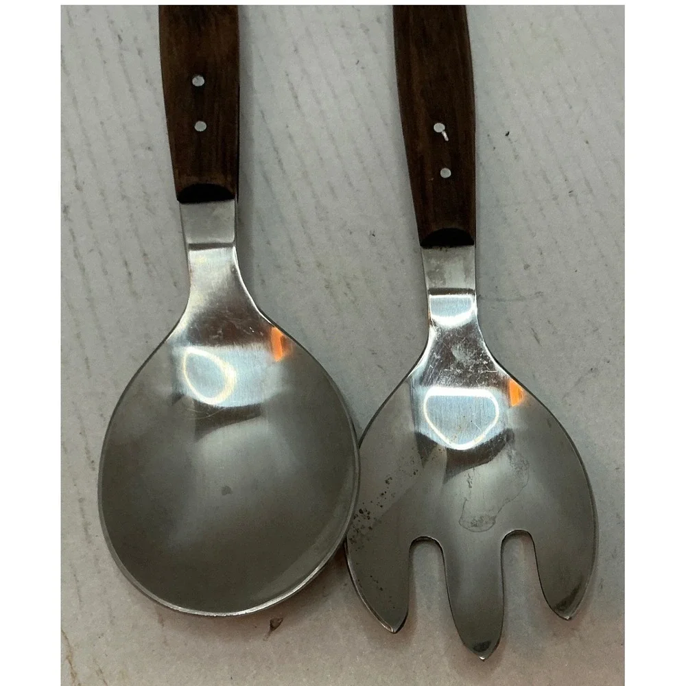 Hepe Vintage Salad Serving Set Stainless Wood Handle Denmark MCM Mid Century 12