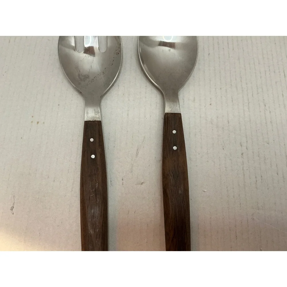 Hepe Vintage Salad Serving Set Stainless Wood Handle Denmark MCM Mid Century 12