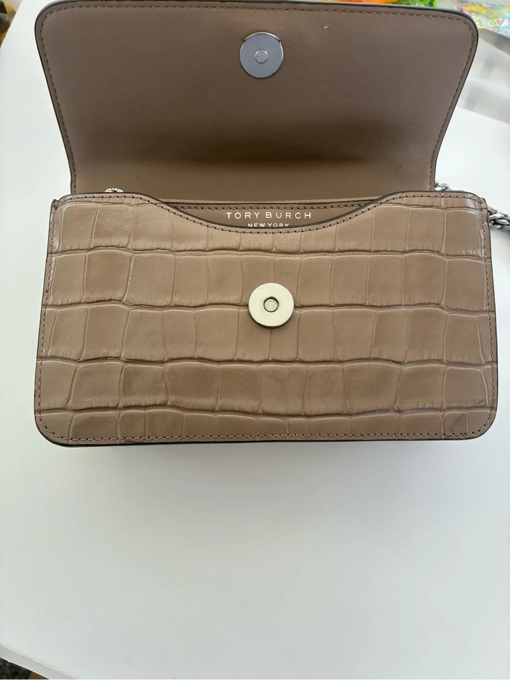 Tory Burch Taupe Croc-Embossed Chain Crossbody Bag