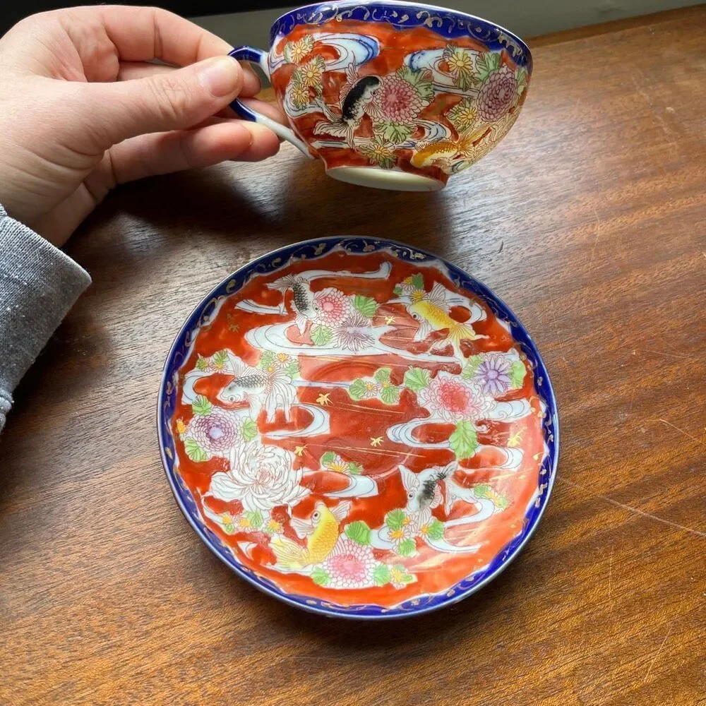 VTG Japanese Koi Fish Teacup & Saucer Set Red Floral Cobalt Rim Porcelain
