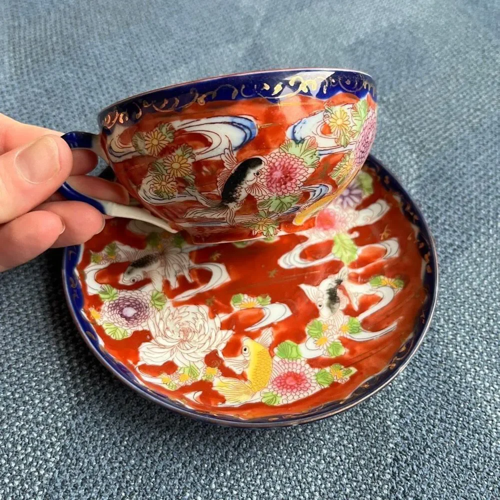 VTG Japanese Koi Fish Teacup & Saucer Set Red Floral Cobalt Rim Porcelain