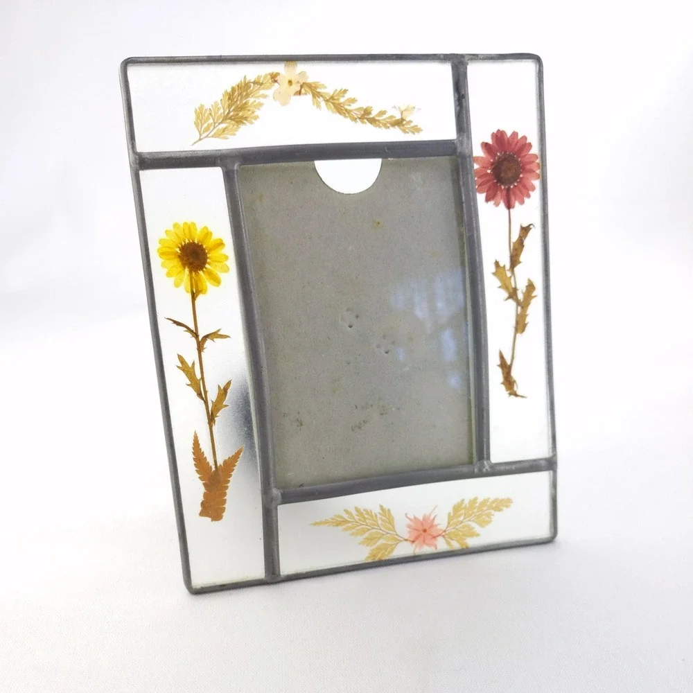 Vintage Stained Glass Picture Frame Clear Pressed Dried Flowers Leaded Metal