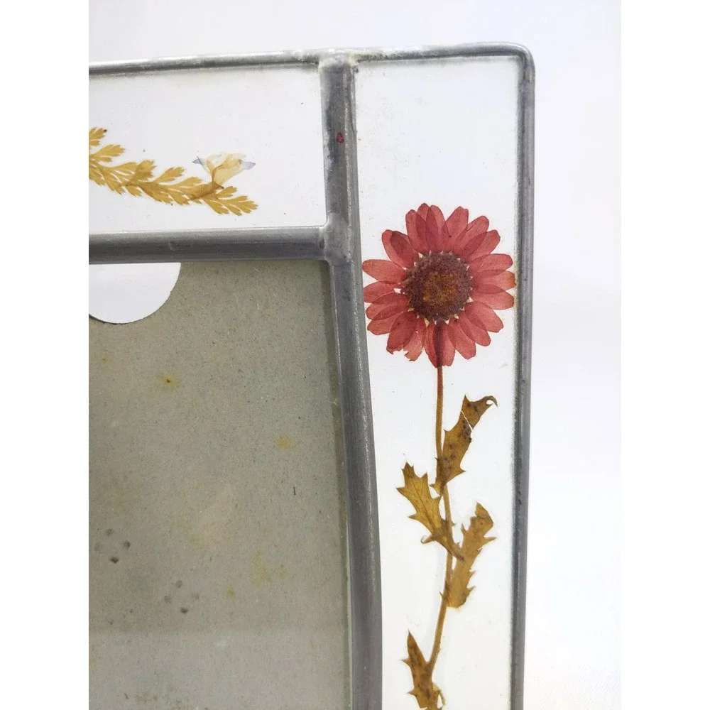 Vintage Stained Glass Picture Frame Clear Pressed Dried Flowers Leaded Metal