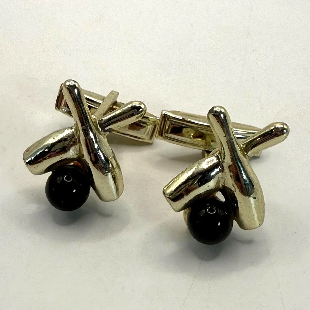 Vintage Bowling Cufflinks Gold Tone Bowling Pins with Black Ball Novelty Jewelry