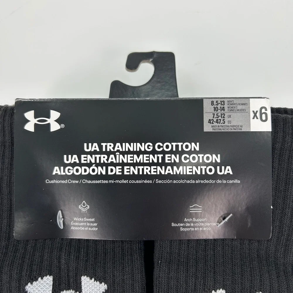 Under Armour Mens Training Cotton Cushioned Crew Socks 6-Pack Black Size Large