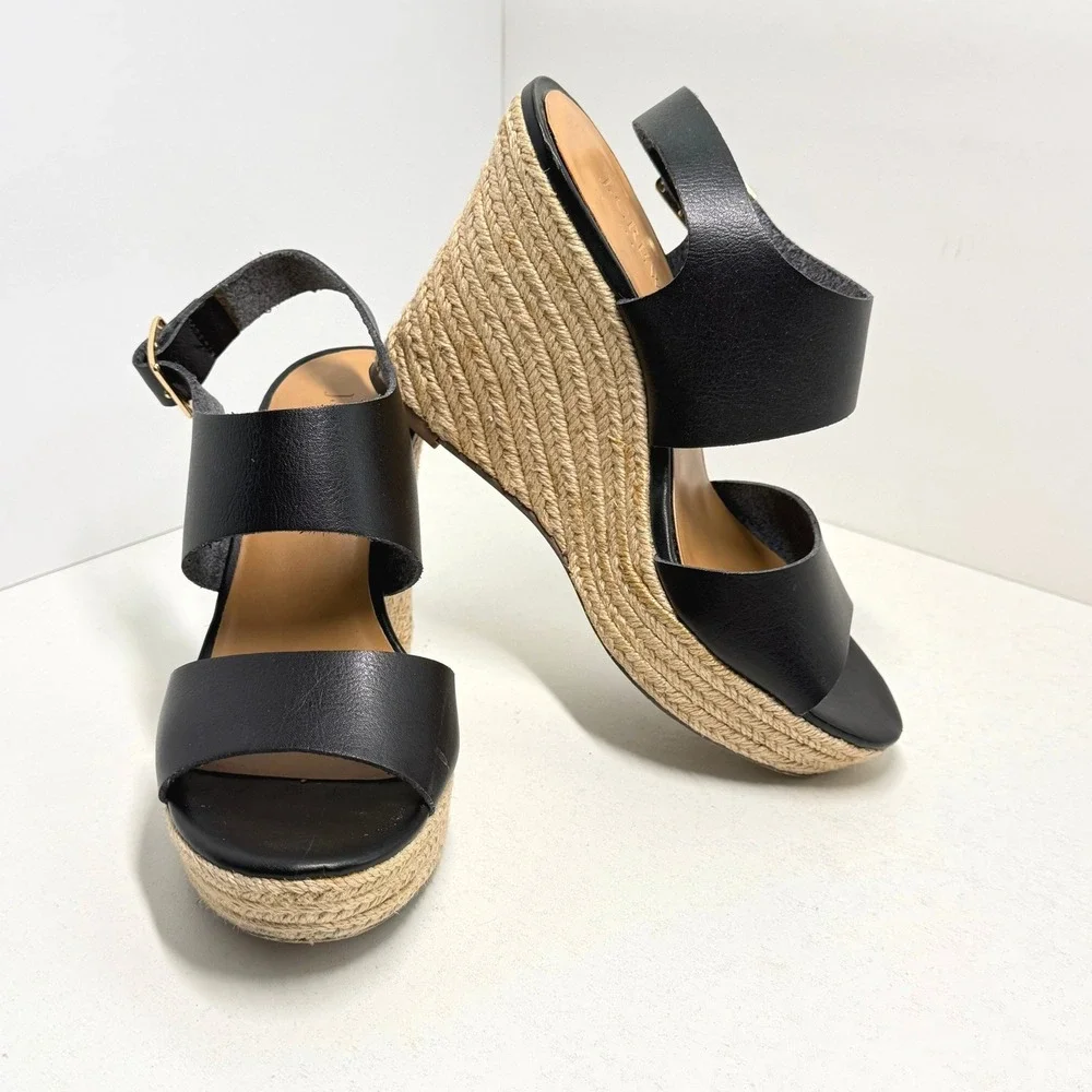 J. Crew Factory Black Espadrille Wedges Ankle Strap Platform Sandals 7M