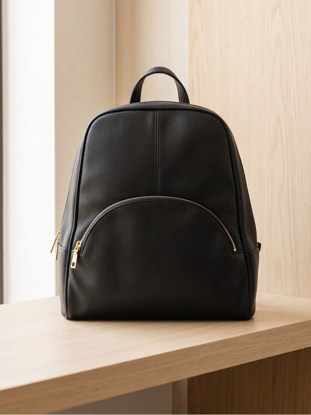 Minimalist Black Pebbled Leather Backpack with Gold Hardware