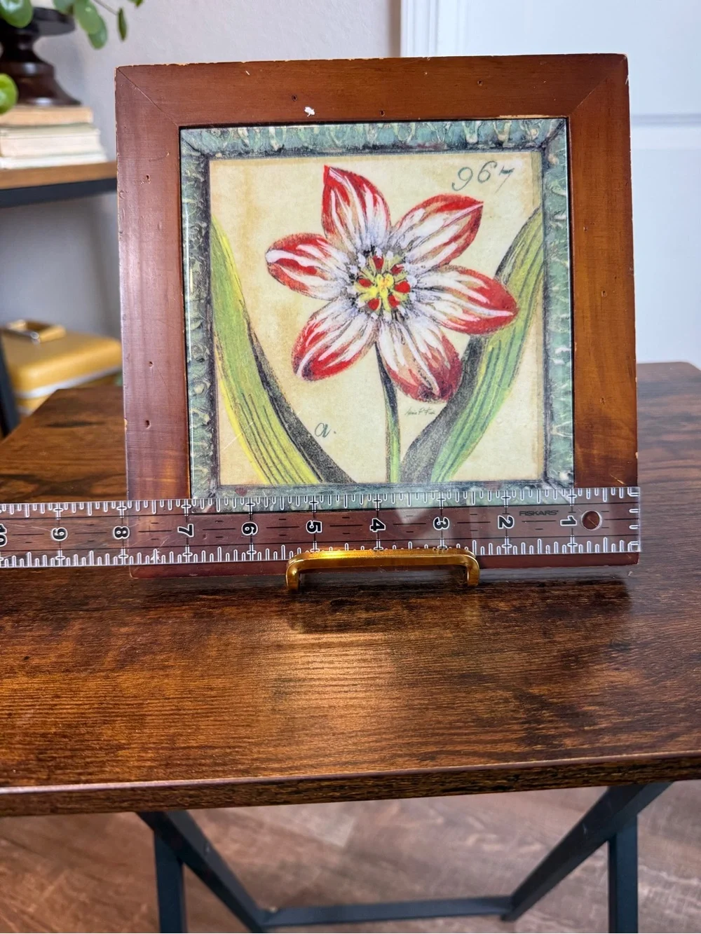 Vintage Arnie R Fisk Framed Ceramic Tile Botanical Art - Red Asiatic Lily