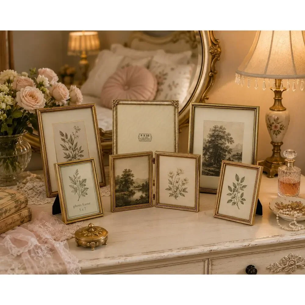 6 Gold Tone Vintage Style Tabletop Picture Frames