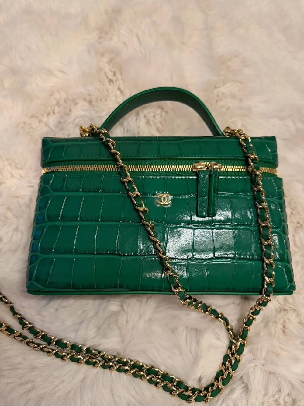 CHANEL Emerald Green Croc-Embossed Slim Vanity Bag with Gold Hardware