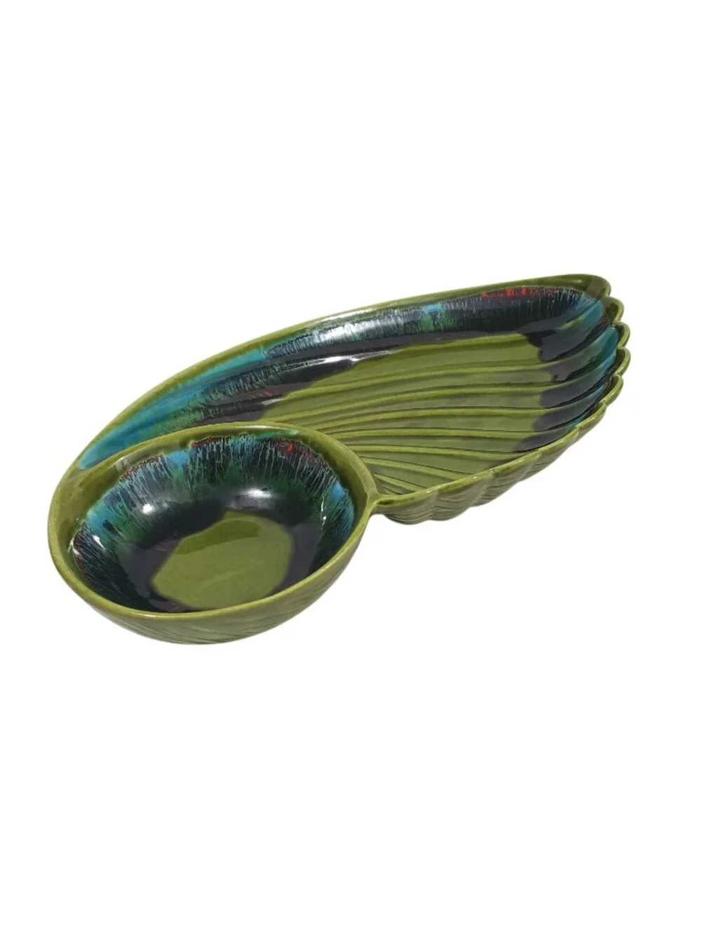 Vintage MCM Sequoia Ware California Pottery Green Blue Divided Serving Dish Dip