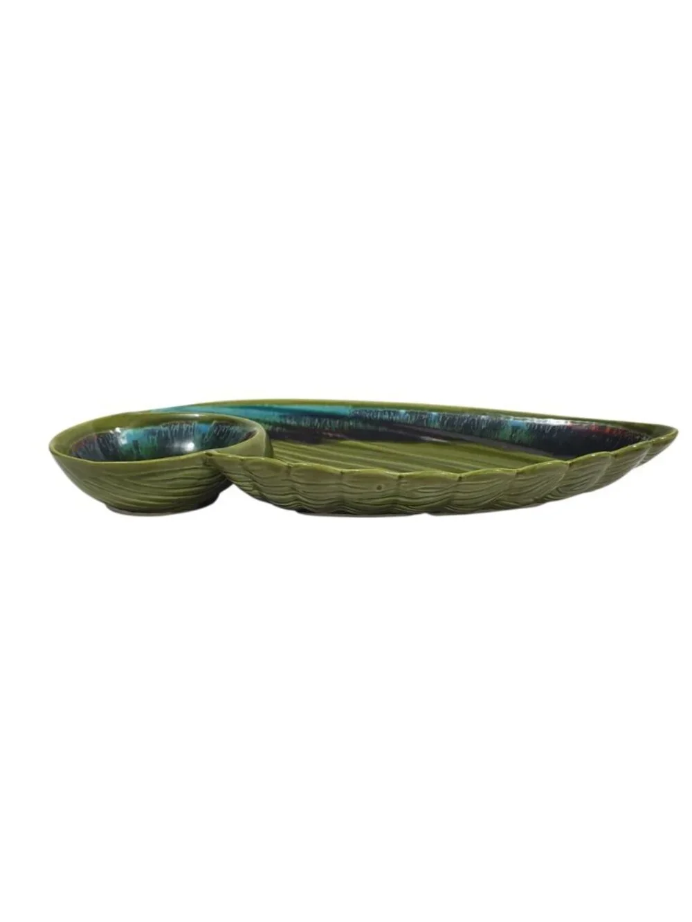 Vintage MCM Sequoia Ware California Pottery Green Blue Divided Serving Dish Dip