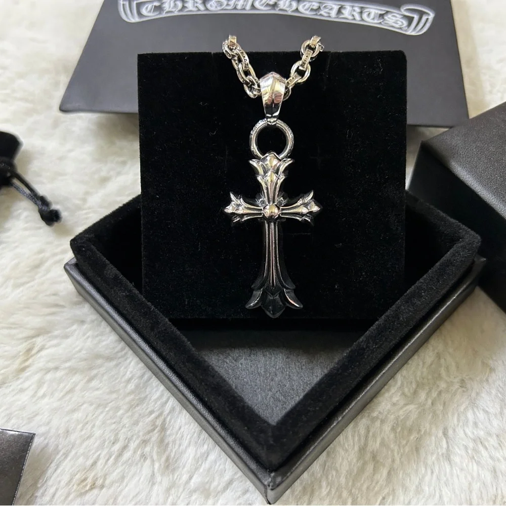 Chrome Hearts Silver Gothic Fleur Cross Pendant Necklace