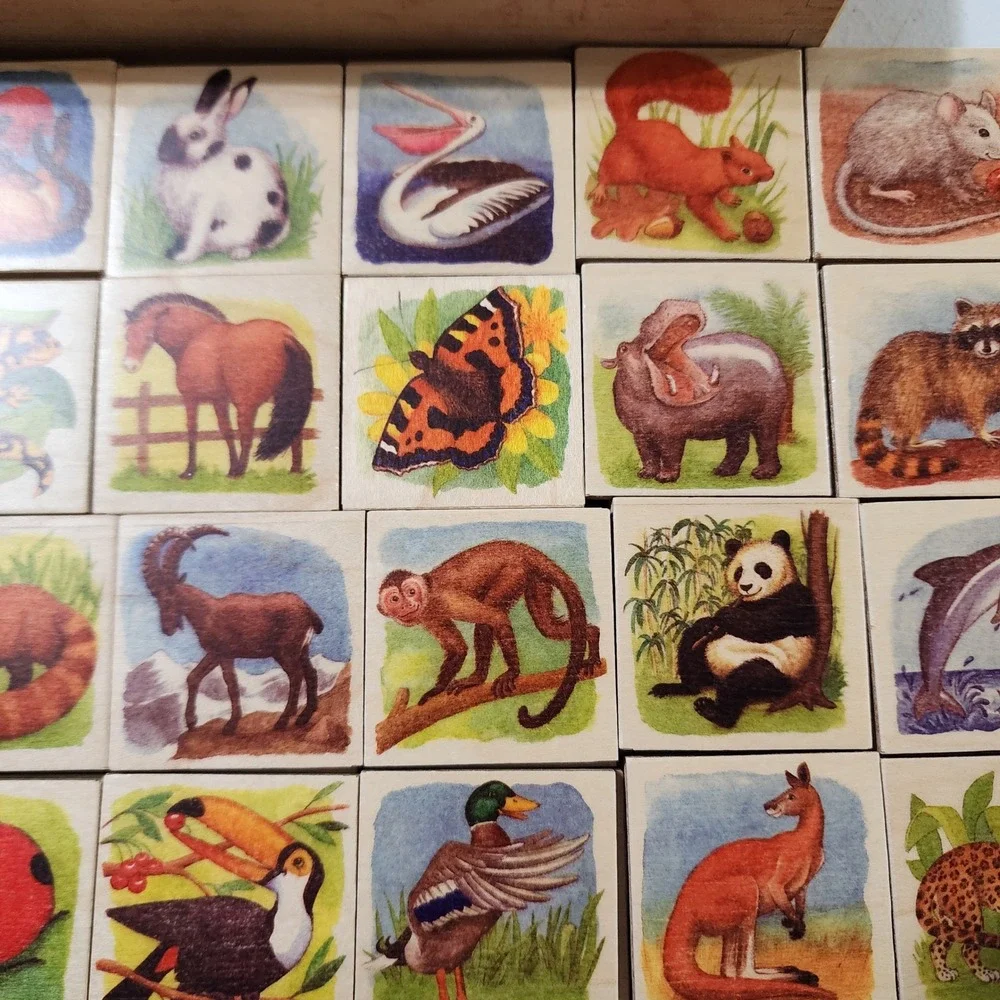 Vintage Wooden Animal Memory Matching Game 28 Piece Set with Storage Box 714630