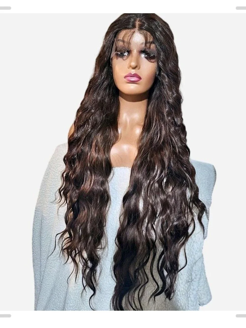 Dark Brown Long Wavy Lace Front Wig - Natural Shine Human Hair Blend Lace Front