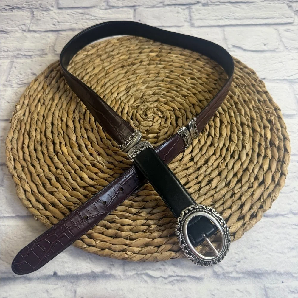 Brown Women's Belt with Ornate Silver Buckle. Size M/L.