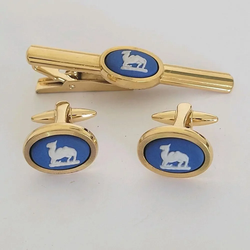 Wedgewood‎ Jasperwear Tie Bar Clip Cufflinks Set Gold Blue Tone Camel England