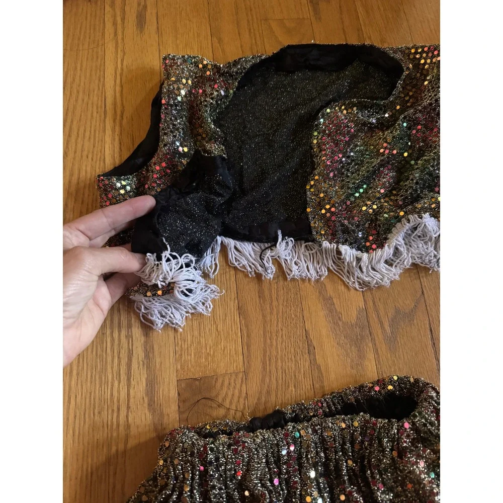 Kids Custom Sequin Dance Costume Set Vest Skirt Rainbow Sparkle Fringe Jazz Tap