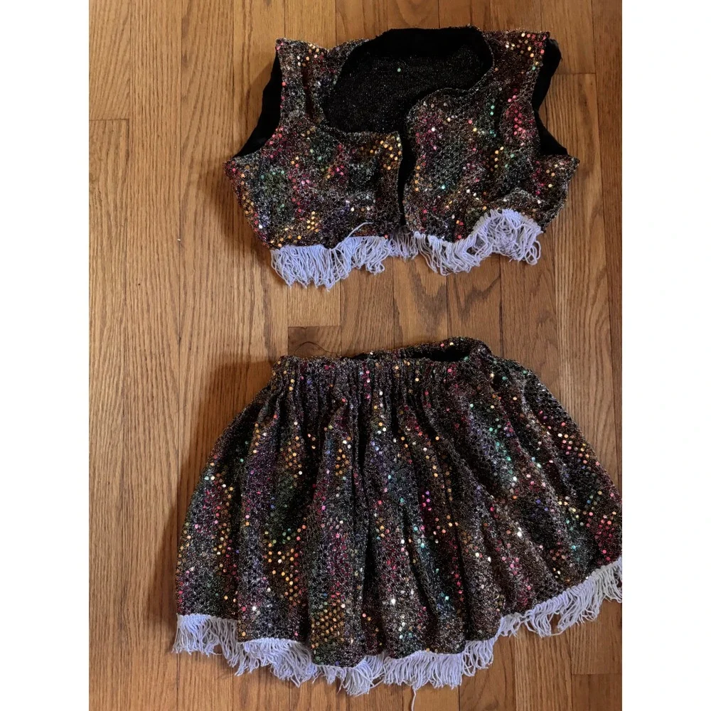 Kids Custom Sequin Dance Costume Set Vest Skirt Rainbow Sparkle Fringe Jazz Tap