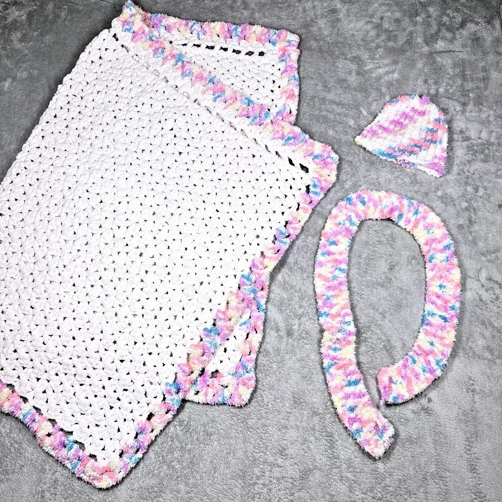 Handmade Crochet Baby Blanket Hat Scarf Set 44x33 Pastel Nursery Gift‎