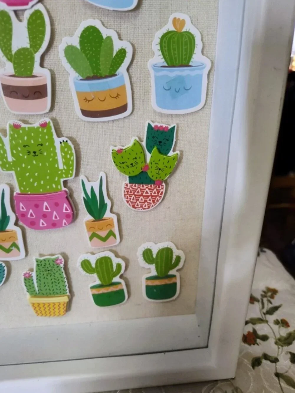 White Wooden Shadow Box Frame With Cats and Succulents Removable Stickers