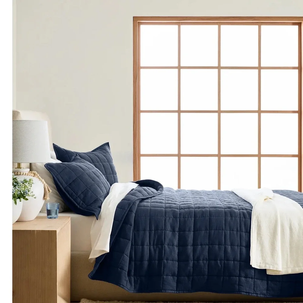 Quince European Linen Box Quilt Bedding King/Cal King Size Navy Blue NEW