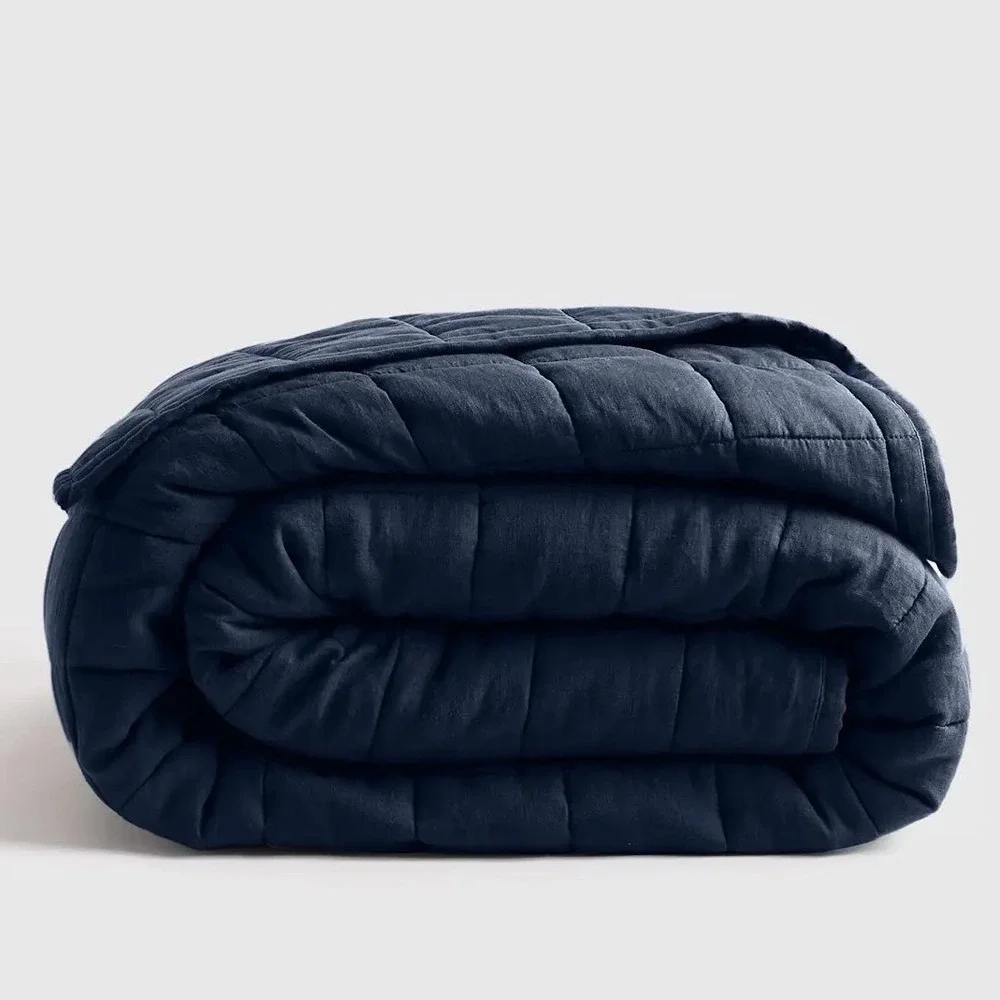 Quince European Linen Box Quilt Bedding King/Cal King Size Navy Blue NEW