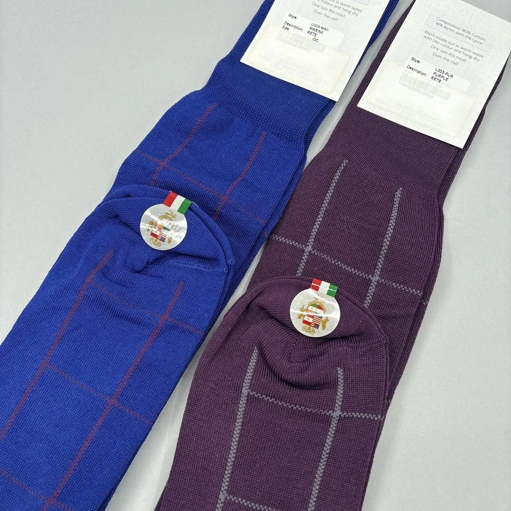 VKNAGRANI Dress Socks Mens One Size 2 Pair Blue Purple Check Over Calf Italy