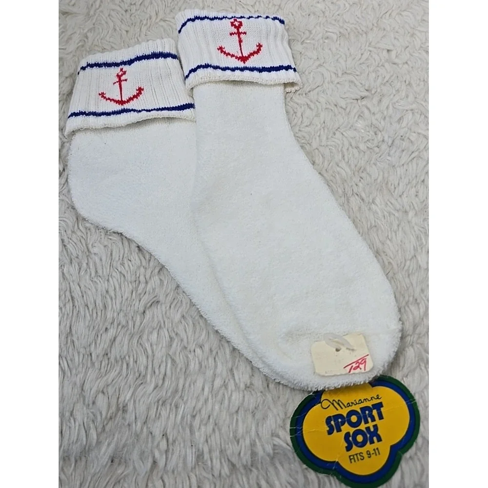 Vintage Sport Sox White Ankle Footie Socks Women's 9-11 Nautical Terry Cloth NWD