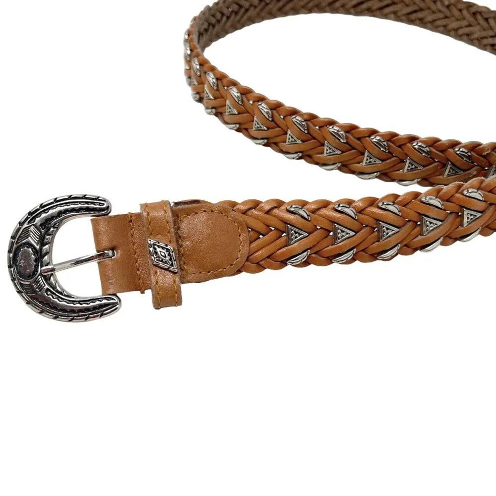 Vintage 1980's Unisex Omega Western Belt Size L Braided Leather Metal‎ Accents