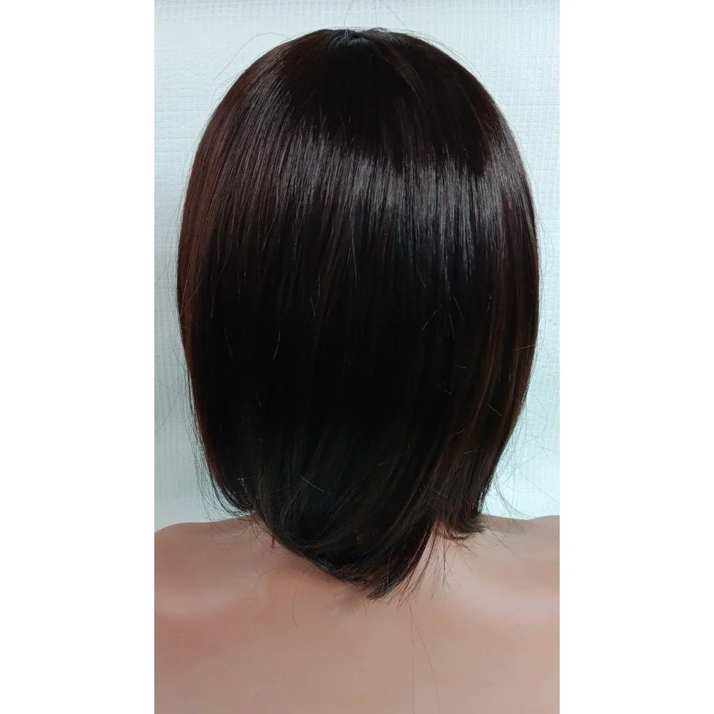 Women's breathable Cap synthetic Fiber Straight Dark Shiny Brown Bang hair‎ wig