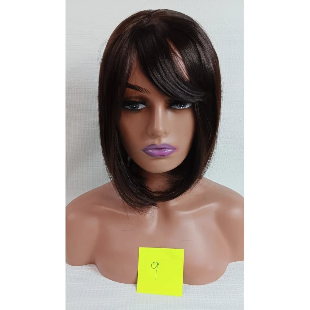 Women's breathable Cap synthetic Fiber Straight Dark Shiny Brown Bang hair‎ wig