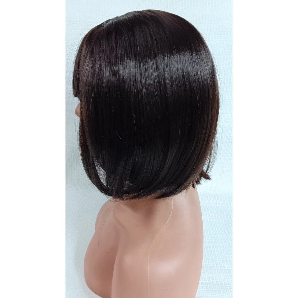 Women's breathable Cap synthetic Fiber Straight Dark Shiny Brown Bang hair‎ wig