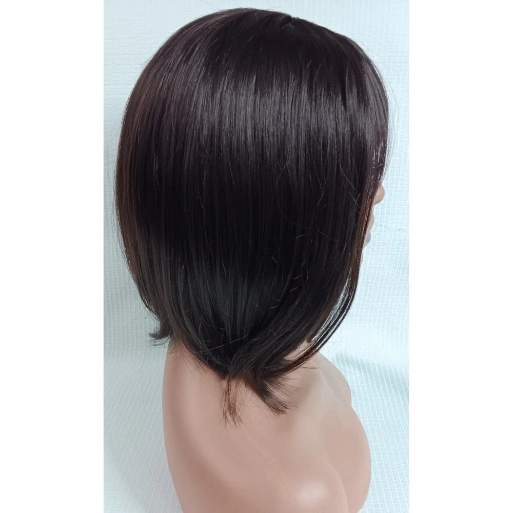 Women's breathable Cap synthetic Fiber Straight Dark Shiny Brown Bang hair‎ wig