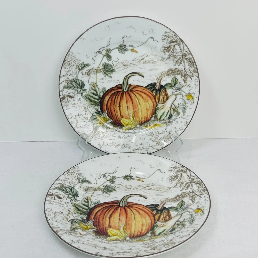 Williams Sonoma 2025 Pumpkin Salad Plates Set of 2 Harvest Gourd Toile 9 Inch