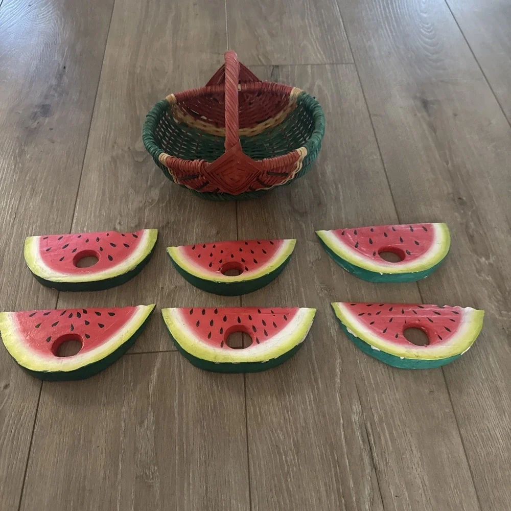 6 Wood Watermelon Napkin Rings Seeds Rind Melon & Basket To Store Them In‎