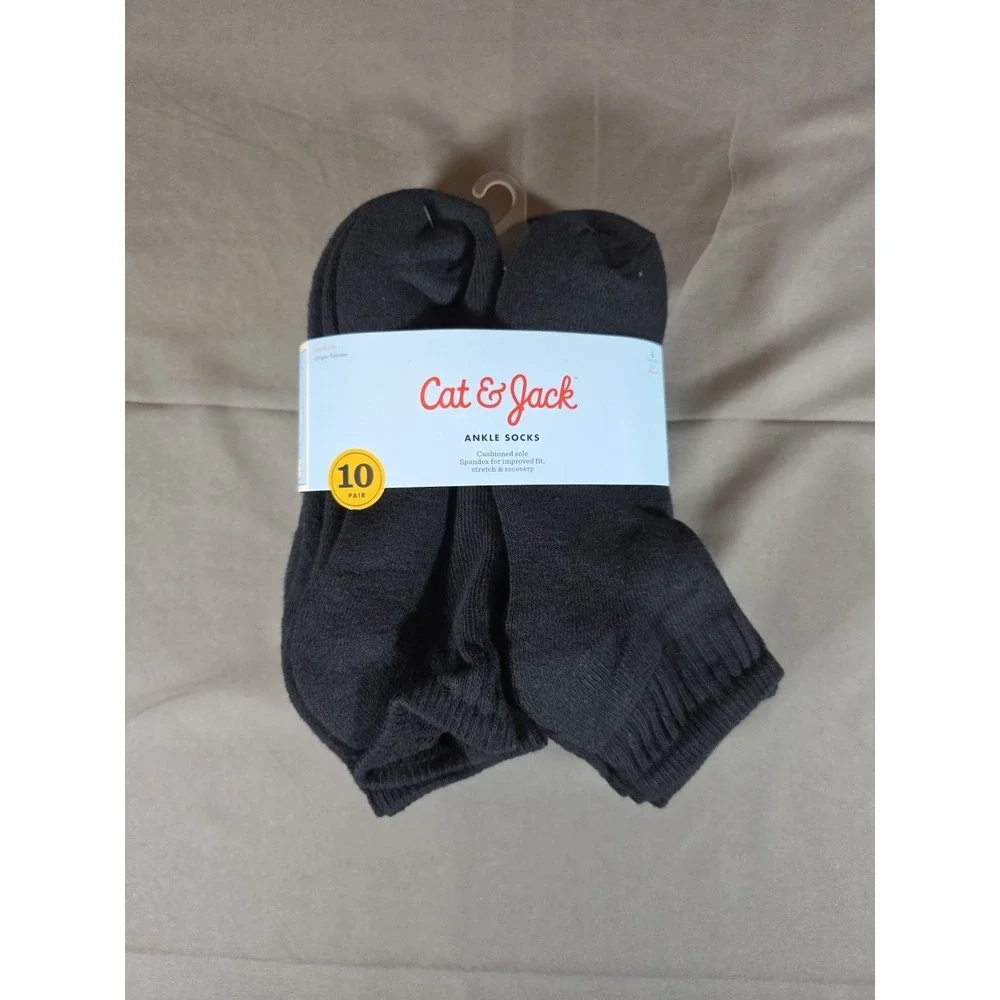 Cat‎ And Jack Black Cushioned Sole Ankle Socks 10 Pairs Large shoe size 3 - 7