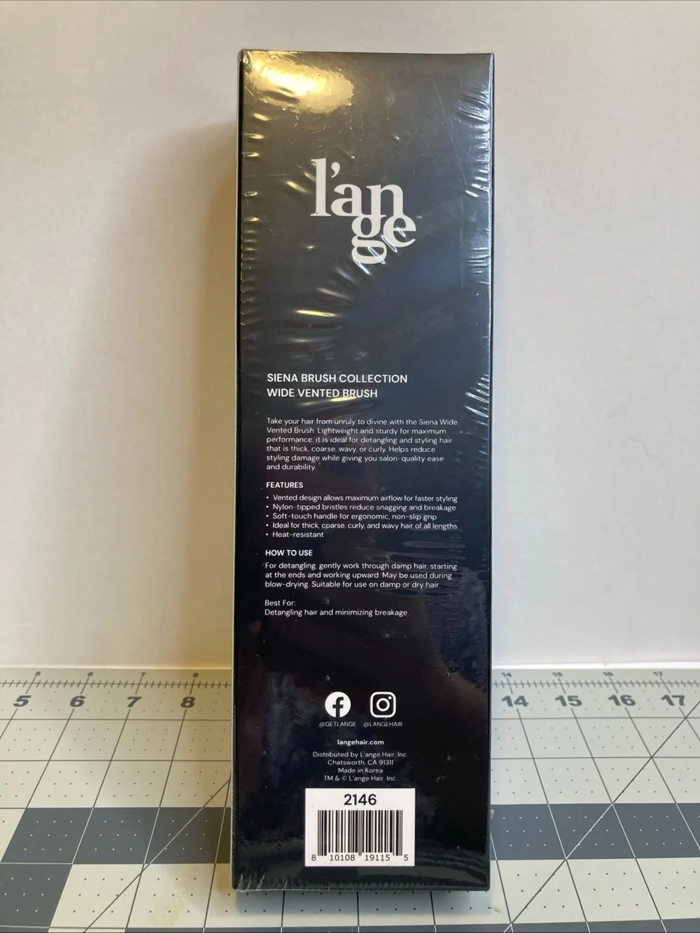 L'ange Hair SIENA WIDE Black Brush Pro Detangler Vented Flexible Heat-Resistant