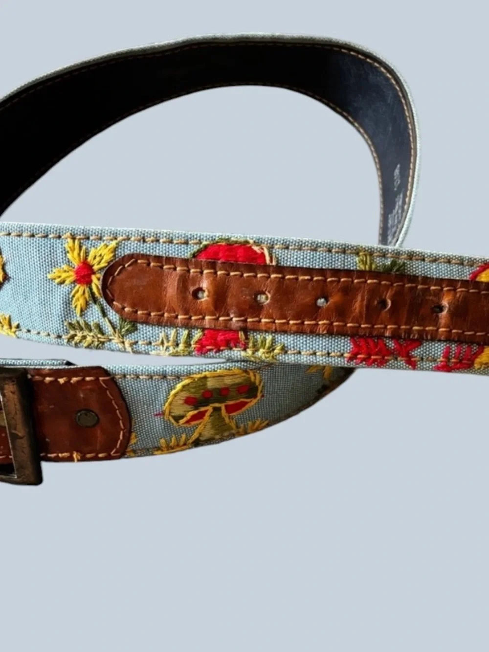 60’s 70’s vintage denim floral and mushroom embroidered leather unisex belt