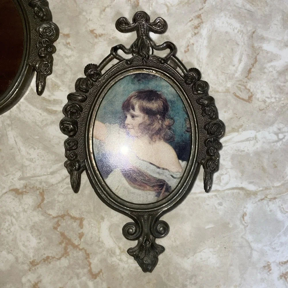 Pair Of‎ Vintage Ornate Metal Oval Picture Frames With Young Child & Mirror