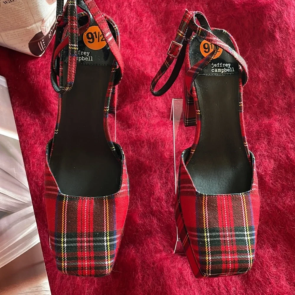 New Jeffrey Campbell Ovr-N-Out Squared Toe Pump Tartan Red Plaid Block Heel 9.5