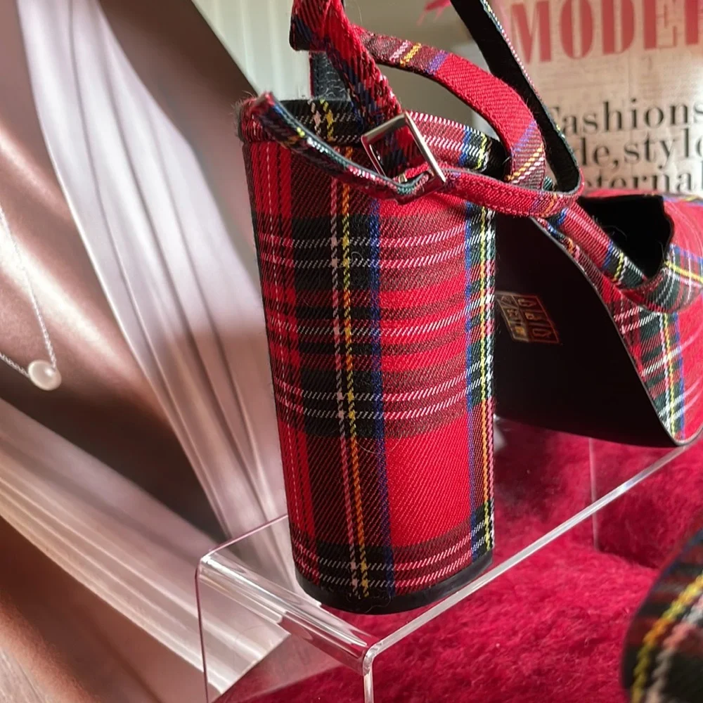 New Jeffrey Campbell Ovr-N-Out Squared Toe Pump Tartan Red Plaid Block Heel 9.5