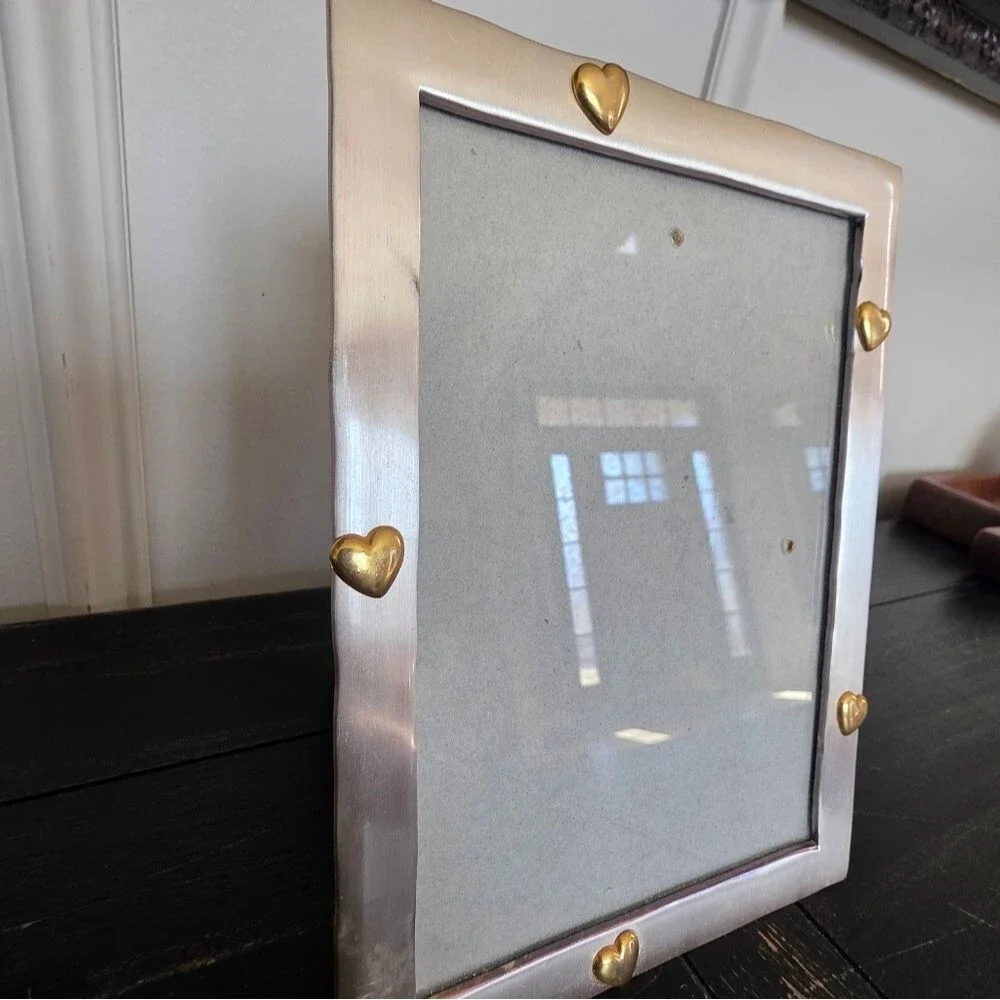 Vtg Rectangular Silver Toned Metal Finish Gold Hearts Picture Frame 8x5 Elsa L
