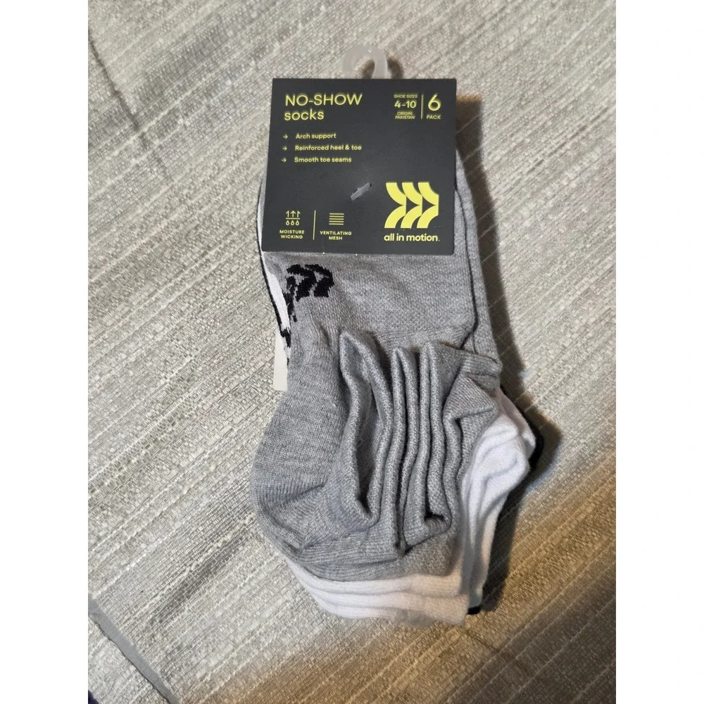 All in Motion Womens No Show Socks 6 Pack Grey White Black Size 4-10 Athletic