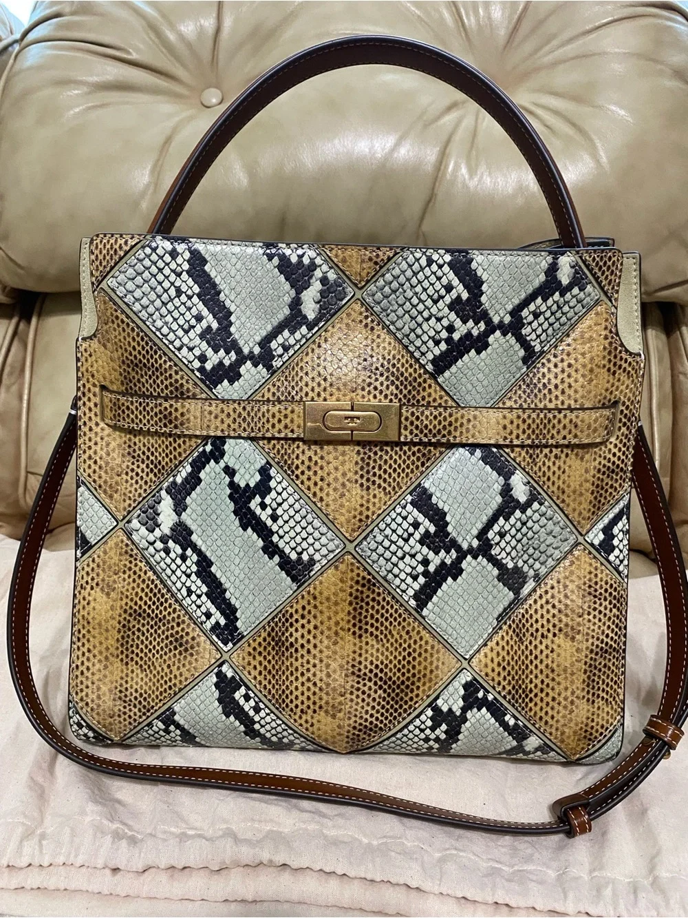 LKNW Tory Burch Lee Radziwill Large Double Bag Leather Snake Python Green Beige