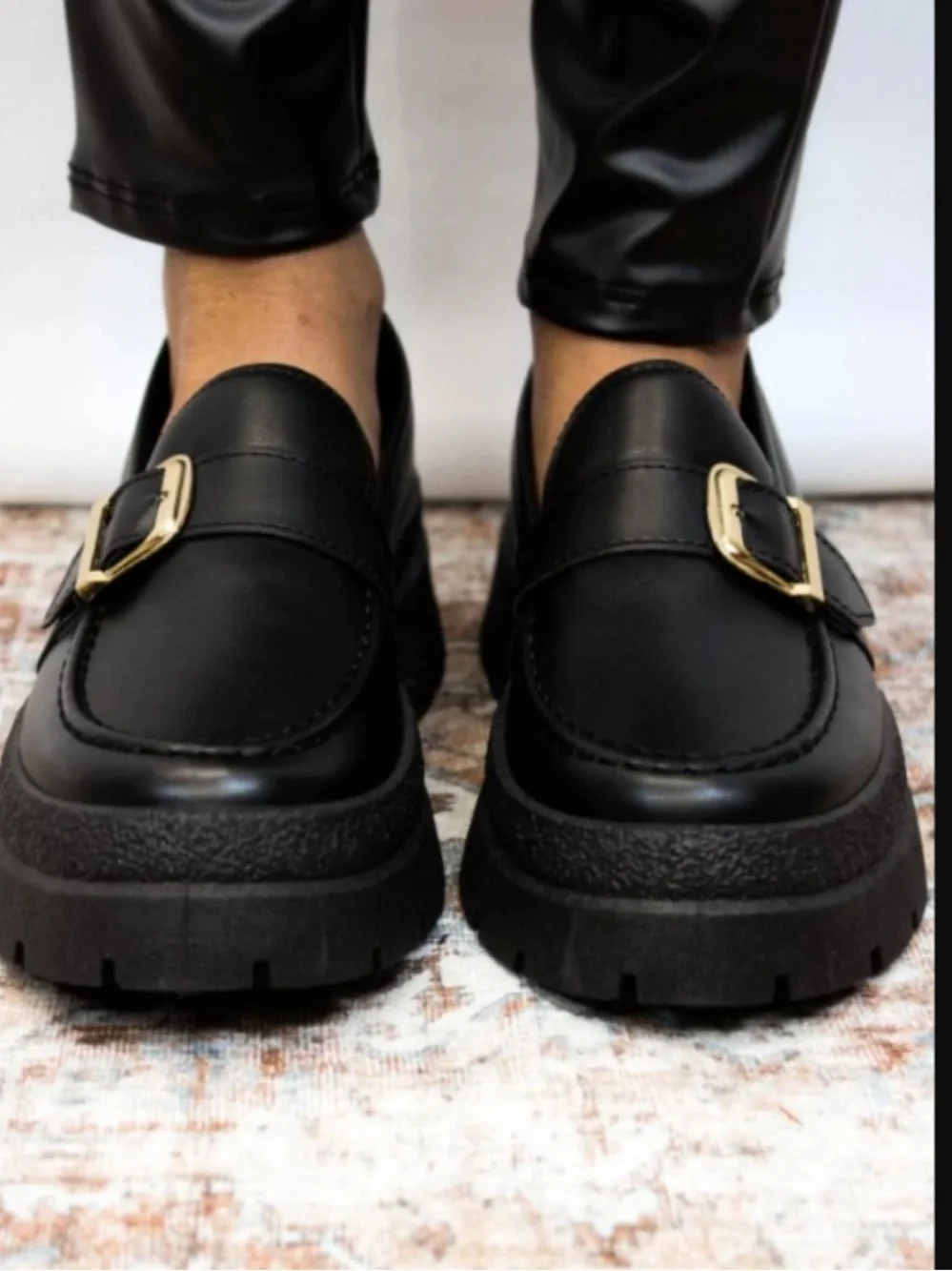 Qupid Black Chunky Faux Leather Platform Loafers with Gold Buckle