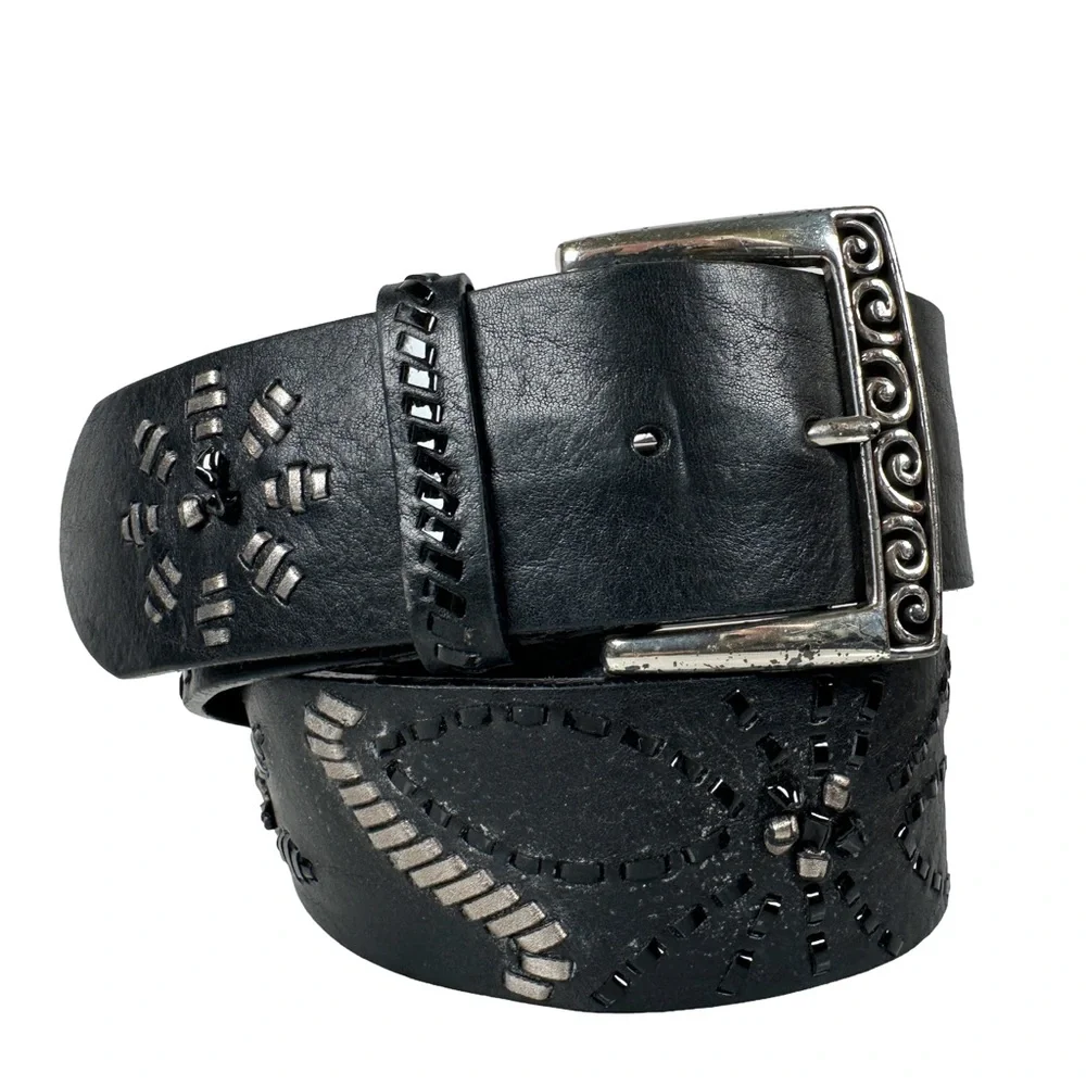 Brighton Black Leather‎ Belt Silver wide floral opera whipstitch bohemian biker