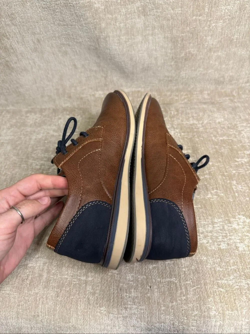 Max + Jake Boys Faux Leather Oliver Oxford Dress Shoes Cognac Brown Navy Size 6M