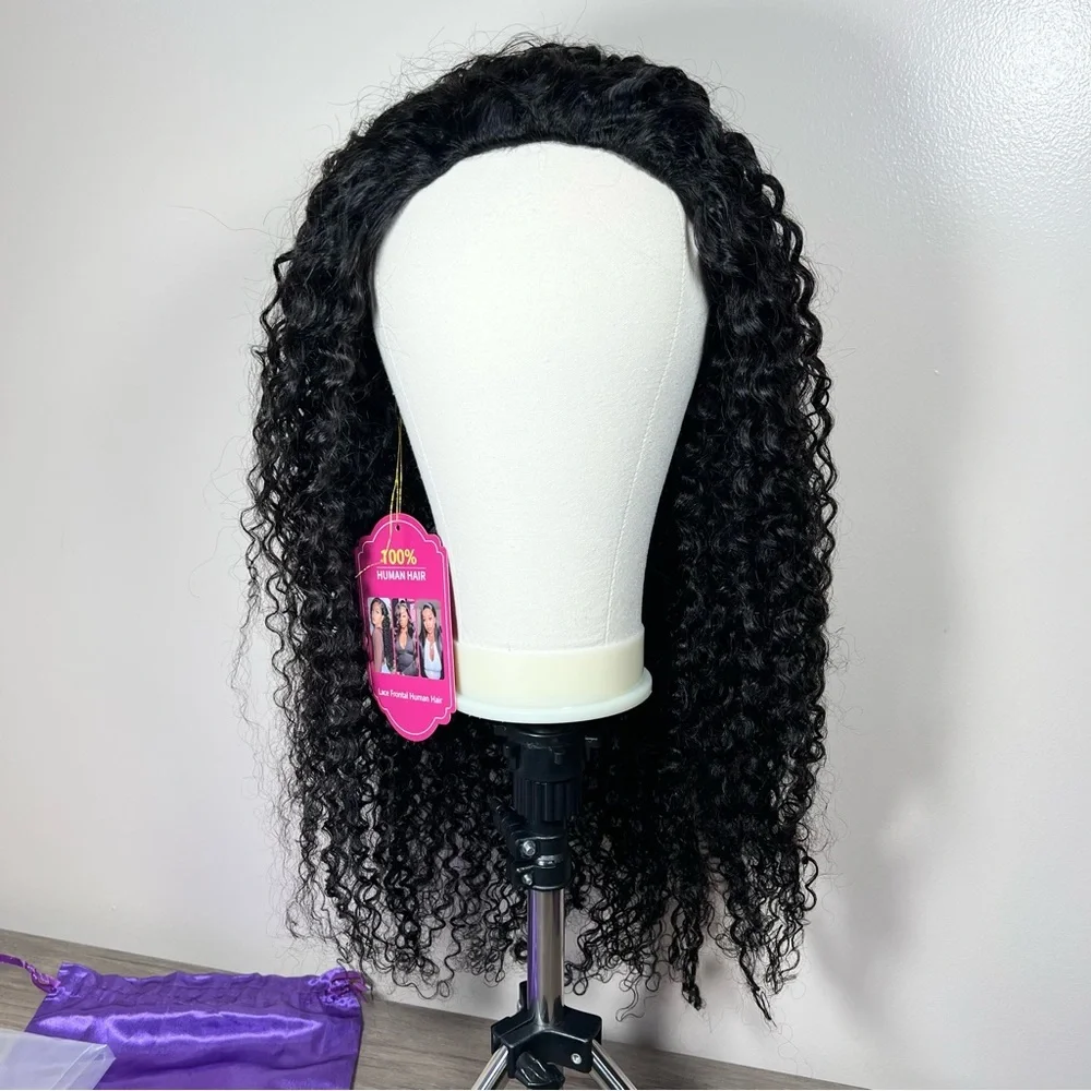 Natural Black Kinky Curly Human Hair 26 Inch Glueless Half Wig
