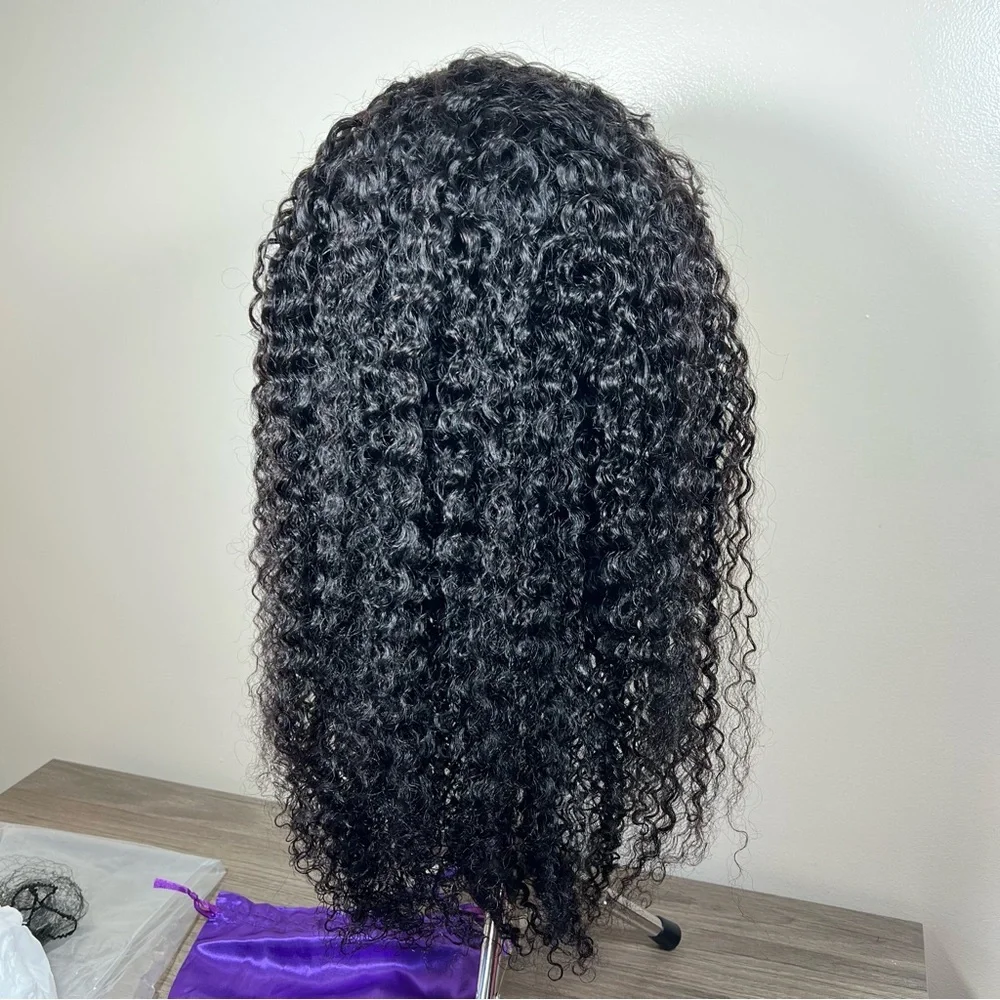 Natural Black Kinky Curly Human Hair 26 Inch Glueless Half Wig